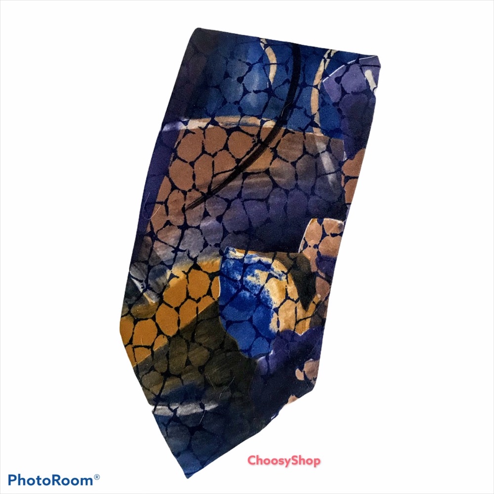 Oleg Cassini Tie Blues Purple Brown Abstract Swirl Polyester